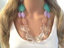 Load image into Gallery viewer, Robins Egg Blue Champagne Clear  Necklace, multi strand jewelry, big beaded chunky statement necklace, clear necklace, bridesmaid necklace