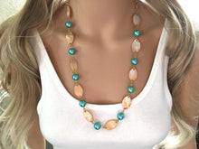 Load image into Gallery viewer, SALE! Shell & Robin's Egg Blue pearl necklace, statement necklace, blue and peach necklace, long necklace, statement necklace in Robins Egg