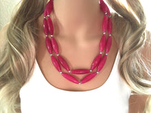 Load image into Gallery viewer, Pink Statement Necklace, 2 strand hot pink, Hot Pink Jewelry, glass beaded jewelry, multi strand pink necklace, dark pink magenta