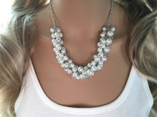 Load image into Gallery viewer, White and Crystal Cluster Necklace - Chunky Statement Jewelry, Bib Necklace Pearl Necklace Big Bubble Beaded Jewelry, white wedding