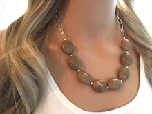 Load image into Gallery viewer, Champagne Statement Necklace & Earrings, brown jewelry, Your Choice GOLD or SILVER, brown bib chunky necklace, brown dinosaur necklace
