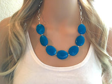 Load image into Gallery viewer, Blueberry Statement Necklace & Earrings, blue jewelry, Your Choice GOLD or SILVER, blue bib chunky necklace, blue oval necklace
