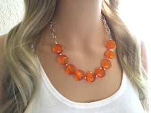 Load image into Gallery viewer, Fall wedding Orange Statement Necklace & Earrings, orange jewelry, Your Choice GOLD or SILVER, orange bib chunky necklace, orange circle