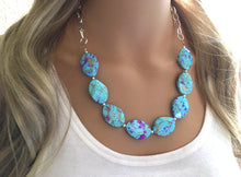 Load image into Gallery viewer, Blue Statement Necklace & Earrings, blue jewelry, Your Choice GOLD or SILVER, blue bib chunky necklace, blue painted necklace