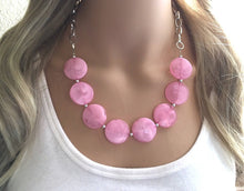 Load image into Gallery viewer, Blush Pink Statement Necklace & Earrings, pink jewelry, Your Choice GOLD or SILVER, pink bib chunky necklace, pink necklace, pink circle