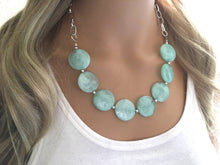 Load image into Gallery viewer, Mint green Statement Necklace & Earring set, mint green jewelry, Your Choice of GOLD or SILVER, mint bib chunky necklace, green circle