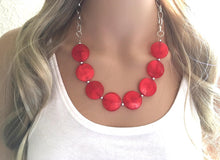 Load image into Gallery viewer, Cherry Red Statement Necklace & Earring set, red jewelry, Your Choice of GOLD or SILVER, red bib chunky necklace, red circle jewelry