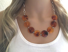 Load image into Gallery viewer, Tortoise shell Statement Necklace & Earring set, tortoise jewelry, Your Choice of GOLD or SILVER, tortoise bib chunky necklace, brown circle