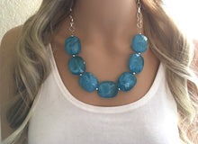 Load image into Gallery viewer, Teal Blue Statement Necklace & Earring set, teal jewelry, Your Choice of GOLD or SILVER, teal bib chunky necklace, teal blue jewelry