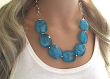 Load image into Gallery viewer, Teal Blue Statement Necklace & Earring set, teal jewelry, Your Choice of GOLD or SILVER, teal bib chunky necklace, teal blue jewelry