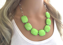 Load image into Gallery viewer, Lime Green Statement Necklace & Earring set, lime jewelry, Your Choice of GOLD or SILVER, lime bib chunky necklace, lime green jewelry