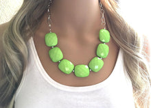 Load image into Gallery viewer, Lime Green Statement Necklace & Earring set, lime jewelry, Your Choice of GOLD or SILVER, lime bib chunky necklace, lime green jewelry