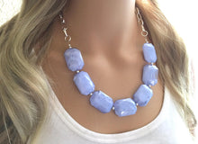 Load image into Gallery viewer, Creamy periwinkle Statement Necklace & Earrings, periwinkle jewelry, Your Choice GOLD or SILVER, blue bib chunky necklace, blue necklace