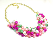 Load image into Gallery viewer, Green & Pink Pearl Preppy Cluster Necklace, pink and green jewelry, pearl cluster bridesmaid jewelry necklace, pearl jewelry, wedding