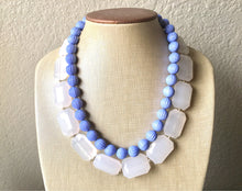 Load image into Gallery viewer, White & Periwinkle Statement Necklace, Chunky Beaded Necklace, Periwinkle Jewelry, light blue purple Necklace, blue white beaded necklace