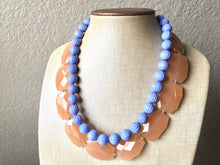 Load image into Gallery viewer, Champagne & Periwinkle Statement Necklace, Chunky Beaded Necklace, Periwinkle Jewelry, light blue purple Necklace, blue tan beaded necklace