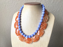 Load image into Gallery viewer, Orange & Periwinkle Statement Necklace, Chunky Beaded Necklace, Periwinkle Jewelry, light blue purple Necklace, blue orange beaded necklace
