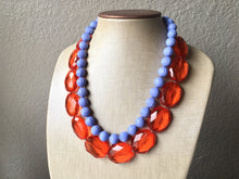 Load image into Gallery viewer, Red- Orange & Periwinkle Statement Necklace, Chunky Beaded Necklace, Periwinkle Jewelry, light blue purple Necklace, blue red orange beaded