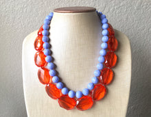 Load image into Gallery viewer, Red- Orange & Periwinkle Statement Necklace, Chunky Beaded Necklace, Periwinkle Jewelry, light blue purple Necklace, blue red orange beaded