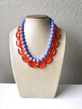 Load image into Gallery viewer, Red- Orange & Periwinkle Statement Necklace, Chunky Beaded Necklace, Periwinkle Jewelry, light blue purple Necklace, blue red orange beaded