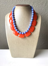 Load image into Gallery viewer, Orange & Periwinkle Statement Necklace, Chunky Beaded Necklace, Periwinkle Jewelry, light blue purple Necklace, blue orange beaded necklace