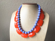 Load image into Gallery viewer, Orange & Periwinkle Statement Necklace, Chunky Beaded Necklace, Periwinkle Jewelry, light blue purple Necklace, blue orange beaded necklace