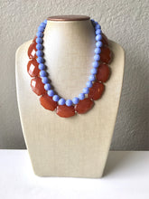Load image into Gallery viewer, Coffee & Periwinkle Statement Necklace, Chunky Beaded Necklace, Periwinkle Jewelry, light blue purple Necklace, blue brown beaded necklace