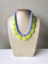 Load image into Gallery viewer, Lime Green & Periwinkle Statement Necklace, Chunky Beaded Necklace, Periwinkle Jewelry, light blue purple Necklace, green beaded necklace
