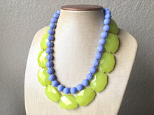 Load image into Gallery viewer, Lime Green & Periwinkle Statement Necklace, Chunky Beaded Necklace, Periwinkle Jewelry, light blue purple Necklace, green beaded necklace