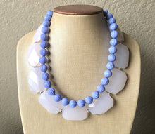 Load image into Gallery viewer, White & Periwinkle Statement Necklace, Chunky Beaded Necklace, Periwinkle Jewelry, light blue purple Necklace, blue white beaded necklace
