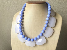 Load image into Gallery viewer, White & Periwinkle Statement Necklace, Chunky Beaded Necklace, Periwinkle Jewelry, light blue purple Necklace, blue white beaded necklace