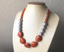 Load image into Gallery viewer, Silver & Rust necklace, single strand jewelry, burnt orange wedding Chunky Statement Necklace, silver orange beaded jewelry chunky