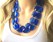 Load image into Gallery viewer, Dark Blue Double Strand Statement Necklace,  Chunky Royal Blue Oval Beaded Bib Jewelry earrings, blue jewelry set, royal blue