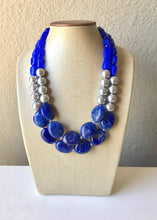 Load image into Gallery viewer, Dark Blue & Silver Chunky Statement Jewelry Set, Big beaded jewelry, Double Strand Statement Necklace, Bib necklace, blue bridesmaid wedding