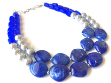 Load image into Gallery viewer, Dark Blue & Silver Chunky Statement Jewelry Set, Big beaded jewelry, Double Strand Statement Necklace, Bib necklace, blue bridesmaid wedding
