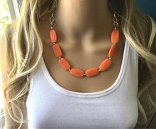 Load image into Gallery viewer, Orange Statement Necklace & earring set, orange jewelry, Your Choice GOLD or SILVER, orange bib chunky necklace, bright orange round necklac