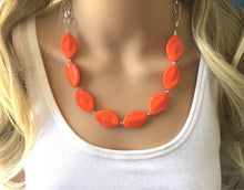 Load image into Gallery viewer, Orange Statement Necklace & earring set, orange jewelry, Your Choice GOLD or SILVER, orange bib chunky necklace, bright orange round necklac