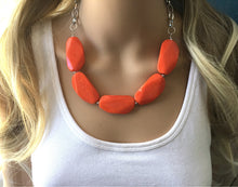 Load image into Gallery viewer, Orange Statement Necklace & earring set, orange jewelry, Your Choice GOLD or SILVER, orange bib chunky necklace, bright orange round necklac