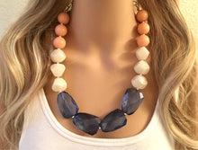 Load image into Gallery viewer, Peach Cream Navy Blue Big Bead Necklace, neutral Statement Jewelry, navy Chunky bib, bridesmaid necklace, blue peach jewelry, beaded long