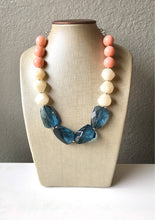 Load image into Gallery viewer, Peach Cream Navy Blue Big Bead Necklace, neutral Statement Jewelry, navy Chunky bib, bridesmaid necklace, blue peach jewelry, beaded long