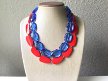 Load image into Gallery viewer, Blue & Red Necklace, multi strand jewelry, big beaded chunky statement necklace, red jewelry, bridesmaid necklace, bib necklace, denim blue