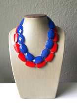 Load image into Gallery viewer, Blue & Red Necklace, multi strand jewelry, big beaded chunky statement necklace, red jewelry, bridesmaid necklace, bib necklace, denim blue