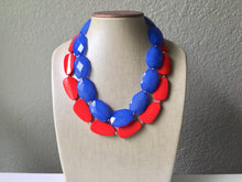 Load image into Gallery viewer, Blue & Red Necklace, multi strand jewelry, big beaded chunky statement necklace, red jewelry, bridesmaid necklace, bib necklace, denim blue