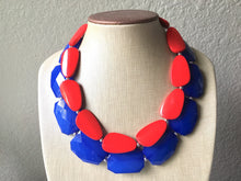 Load image into Gallery viewer, Blue & Red Necklace, multi strand jewelry, big beaded chunky statement necklace, red jewelry, bridesmaid necklace, bib necklace, denim blue