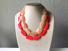 Load image into Gallery viewer, Champagne & Red Necklace, multi strand jewelry, big beaded chunky statement necklace, red jewelry, bridesmaid necklace, bib necklace, tan