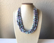 Load image into Gallery viewer, Pearl Pastel & Gray Chunky Statement Necklace, multi Strand Beaded Jewelry, blue purple gray jewelry, spring necklace, Easter statement