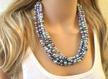 Load image into Gallery viewer, Pearl Pastel & Gray Chunky Statement Necklace, multi Strand Beaded Jewelry, blue purple gray jewelry, spring necklace, Easter statement