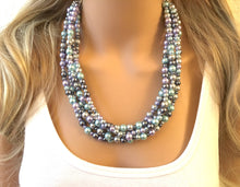 Load image into Gallery viewer, Pearl Pastel & Gray Chunky Statement Necklace, multi Strand Beaded Jewelry, blue purple gray jewelry, spring necklace, Easter statement