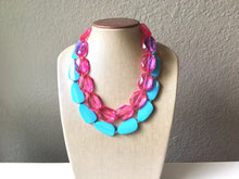 Load image into Gallery viewer, Dark Pink & Turquoise Necklace, double strand jewelry, big beaded chunky statement necklace, blue necklace, turquoise jewelry, pink jewelry