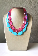 Load image into Gallery viewer, Dark Pink & Turquoise Necklace, double strand jewelry, big beaded chunky statement necklace, blue necklace, turquoise jewelry, pink jewelry